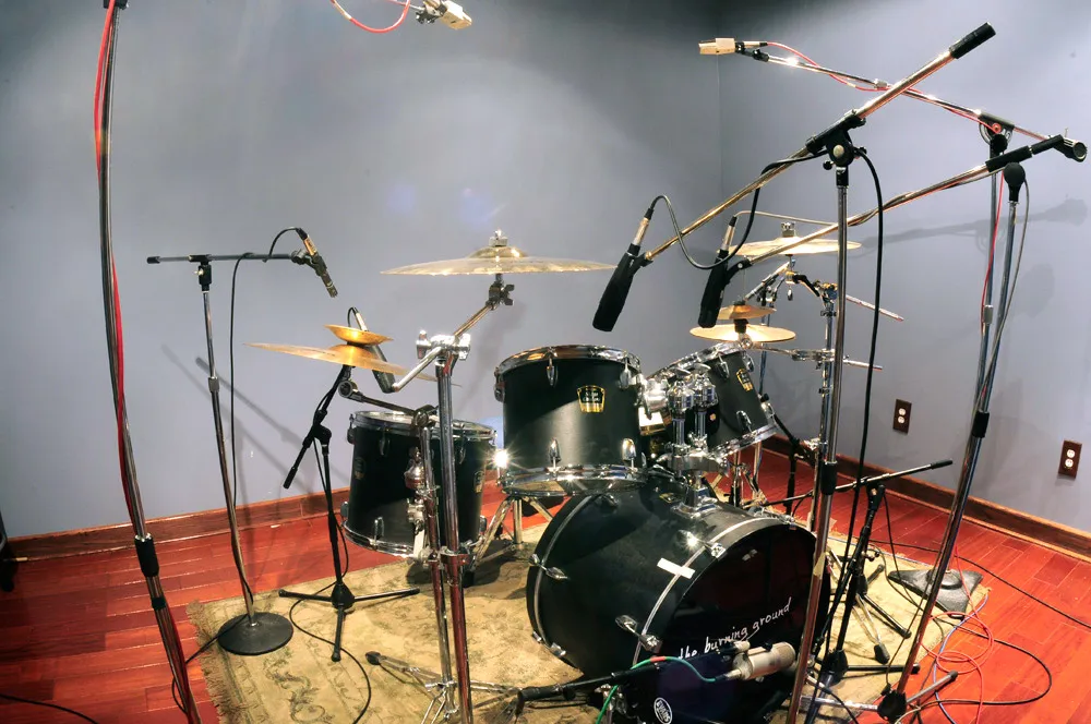 Drum kit set up in a live room at Digital Services