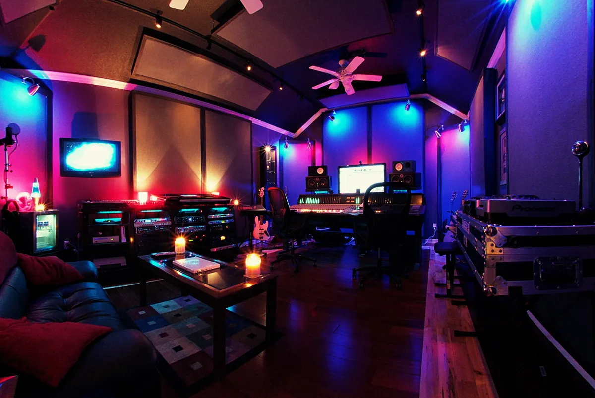 Studio B at Digital Services illuminated in blue and magenta